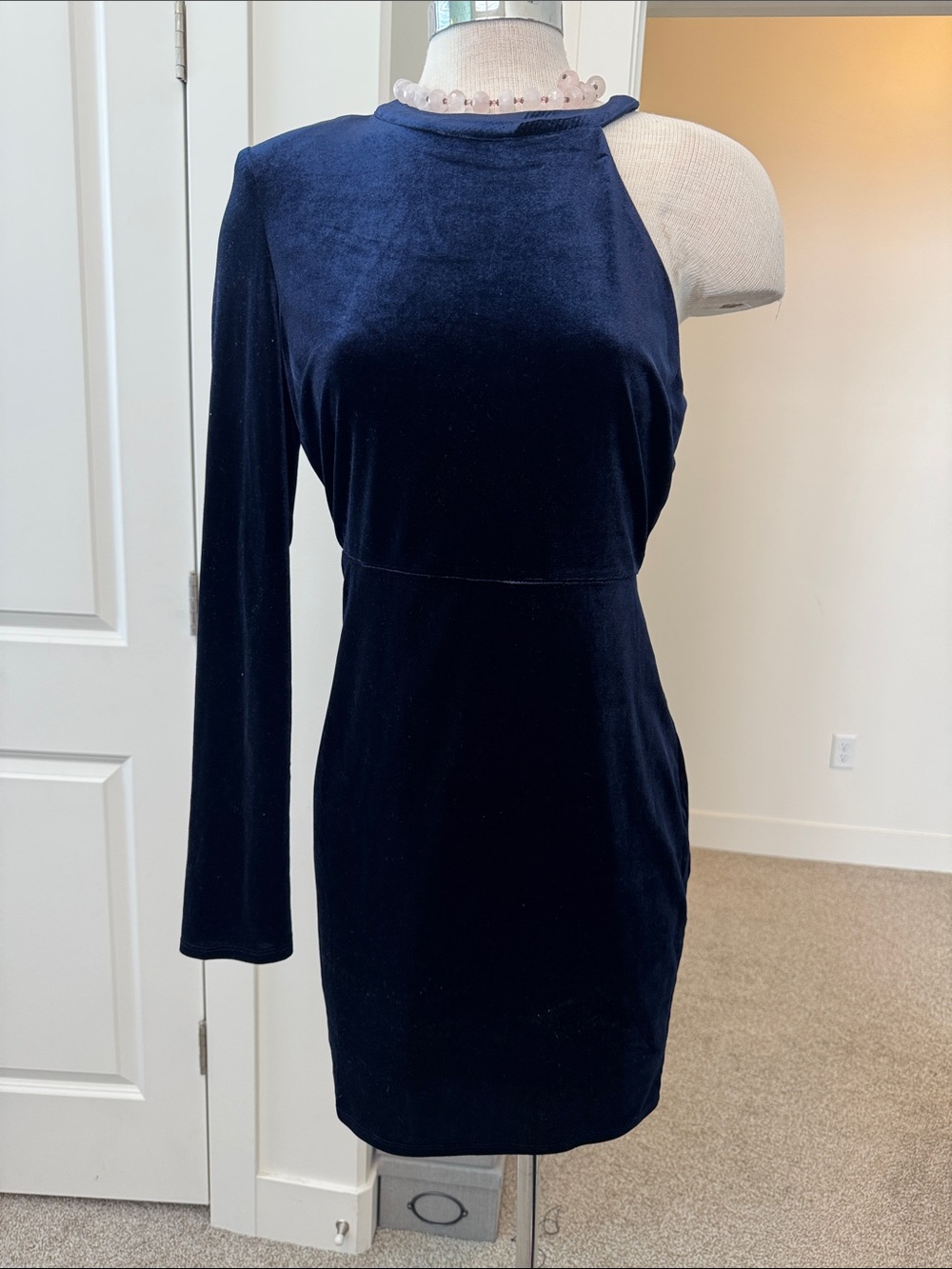 Astr Navy Velvet One-Arm Asymmetrical Cocktail Dress